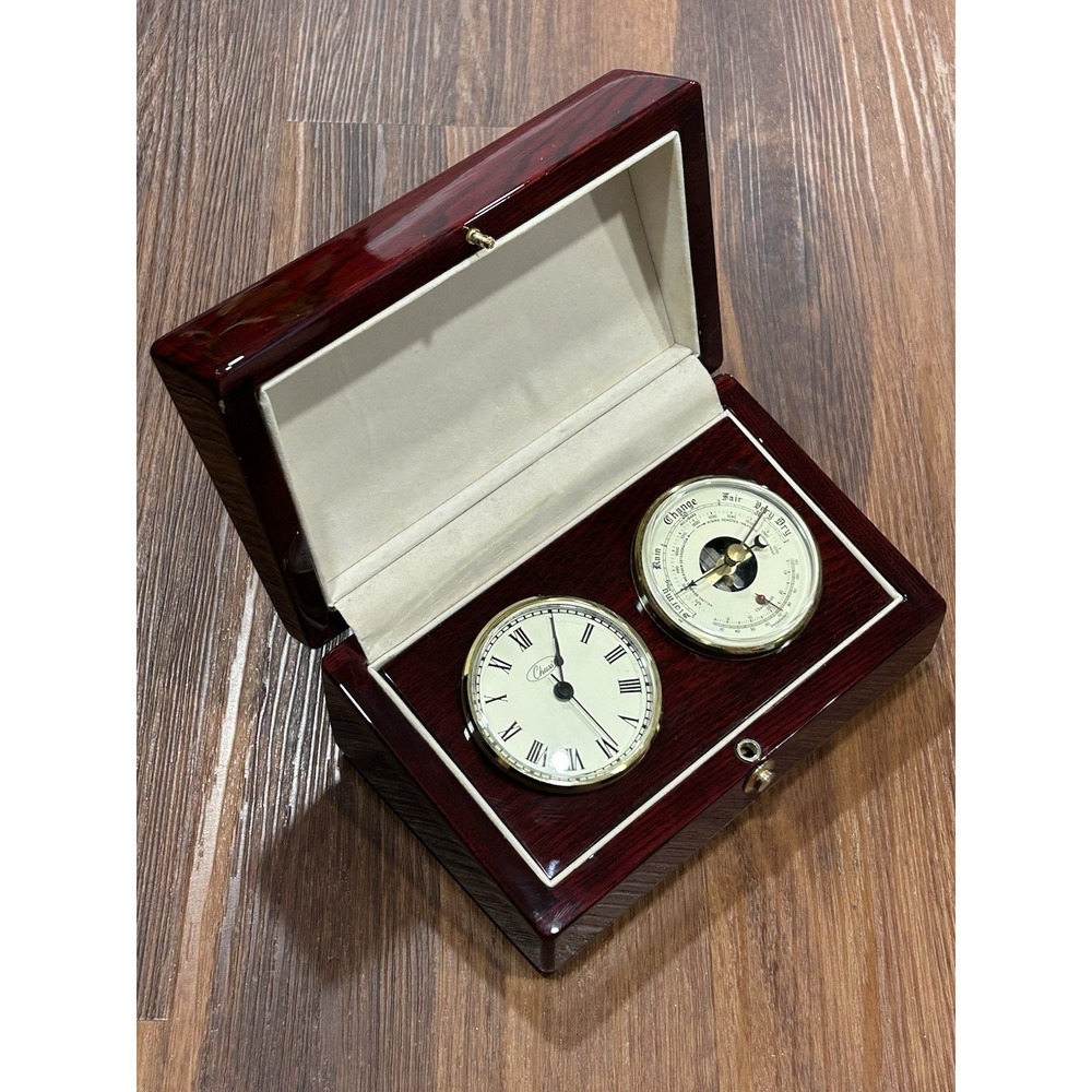 Vintage‎ Chass Clock/Thermometer/Barometer Combo In Cherry Brown Box By Compaq